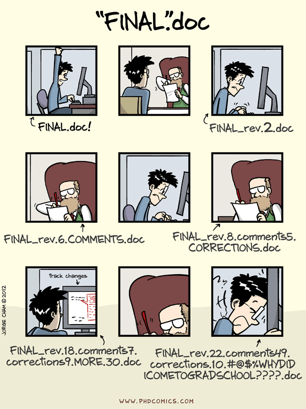 Fig 1. An XKCD comedy of a paper writing scenario with a professor who doesn’t use Git.